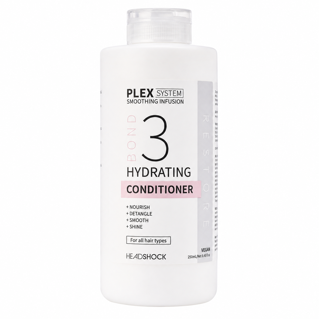     Front angled product image of HEADSHOCK Plex System Smoothing Infusion Bond 3 Hydrating Conditioner, presented in a 250ml white bottle with clear cap and minimalist white, grey and pink packaging. Vegan conditioner for all hair types, designed to nourish, detangle, smooth and add shine.