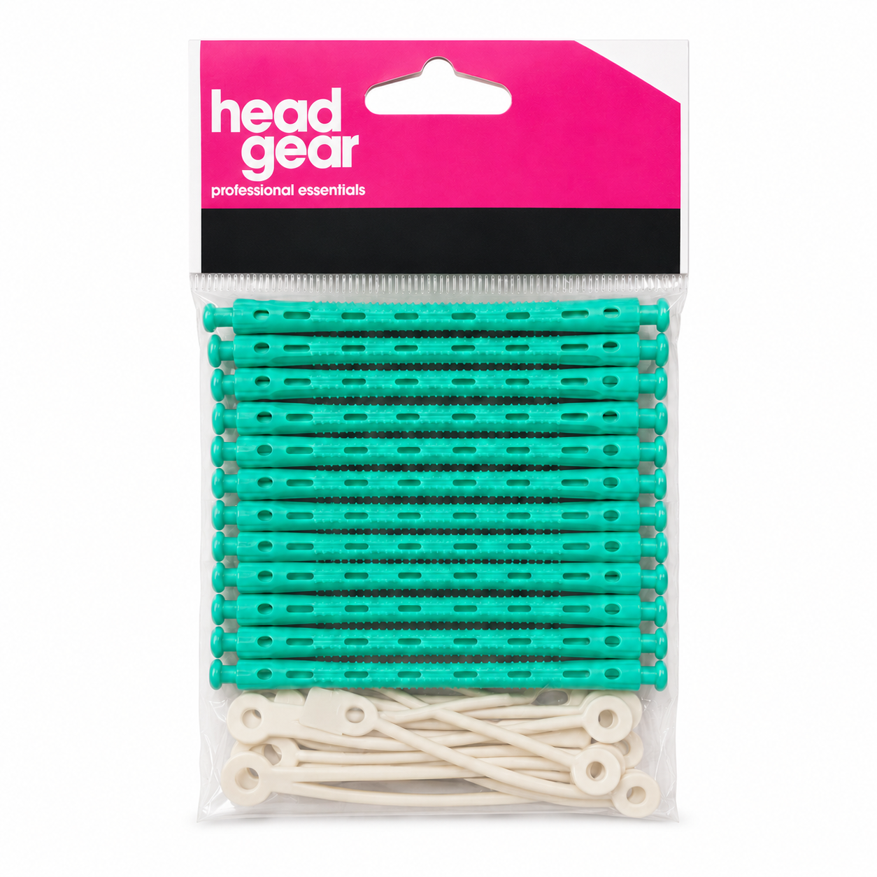 Head Gear Professional Essentials perm rollers in green, supplied with matching elastic bands for secure placement during perming and roller sets. The vented design promotes even airflow and consistent solution distribution, helping to create uniform curls, lift and long-lasting salon-quality results for professional and home use.
