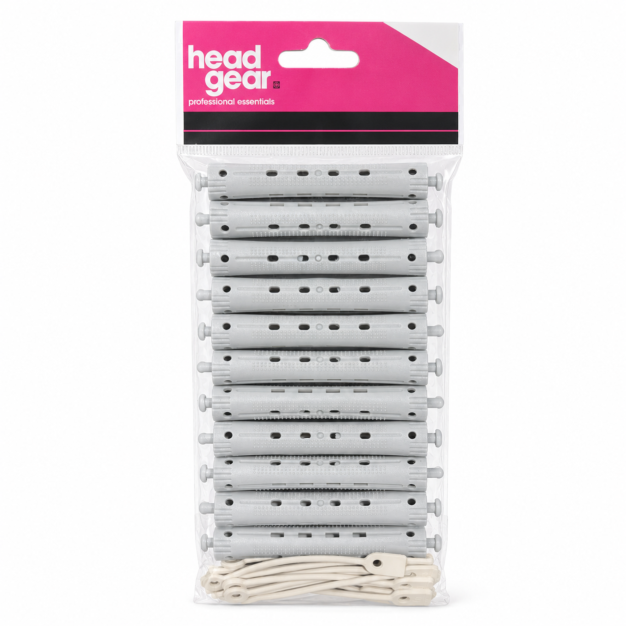 Head Gear Professional Essentials perm rollers in grey, complete with elastic bands for secure wrapping and control. Featuring a lightweight vented construction, these rollers allow even airflow for consistent processing while creating defined curls, body and volume across all hair types.
