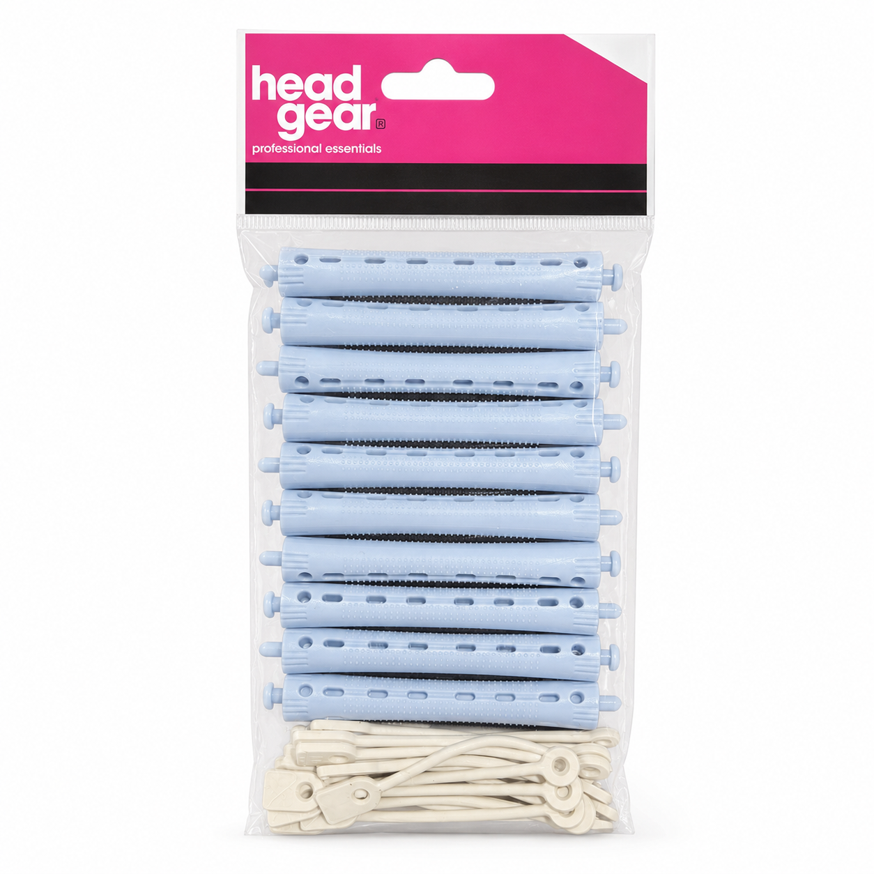 Head Gear Professional Essentials perm rollers in light blue with matching elastic bands, designed for secure wrapping during perming and styling. The ventilated barrel encourages even solution penetration and drying, helping to achieve smooth, defined curls with reliable, professional-quality results.
