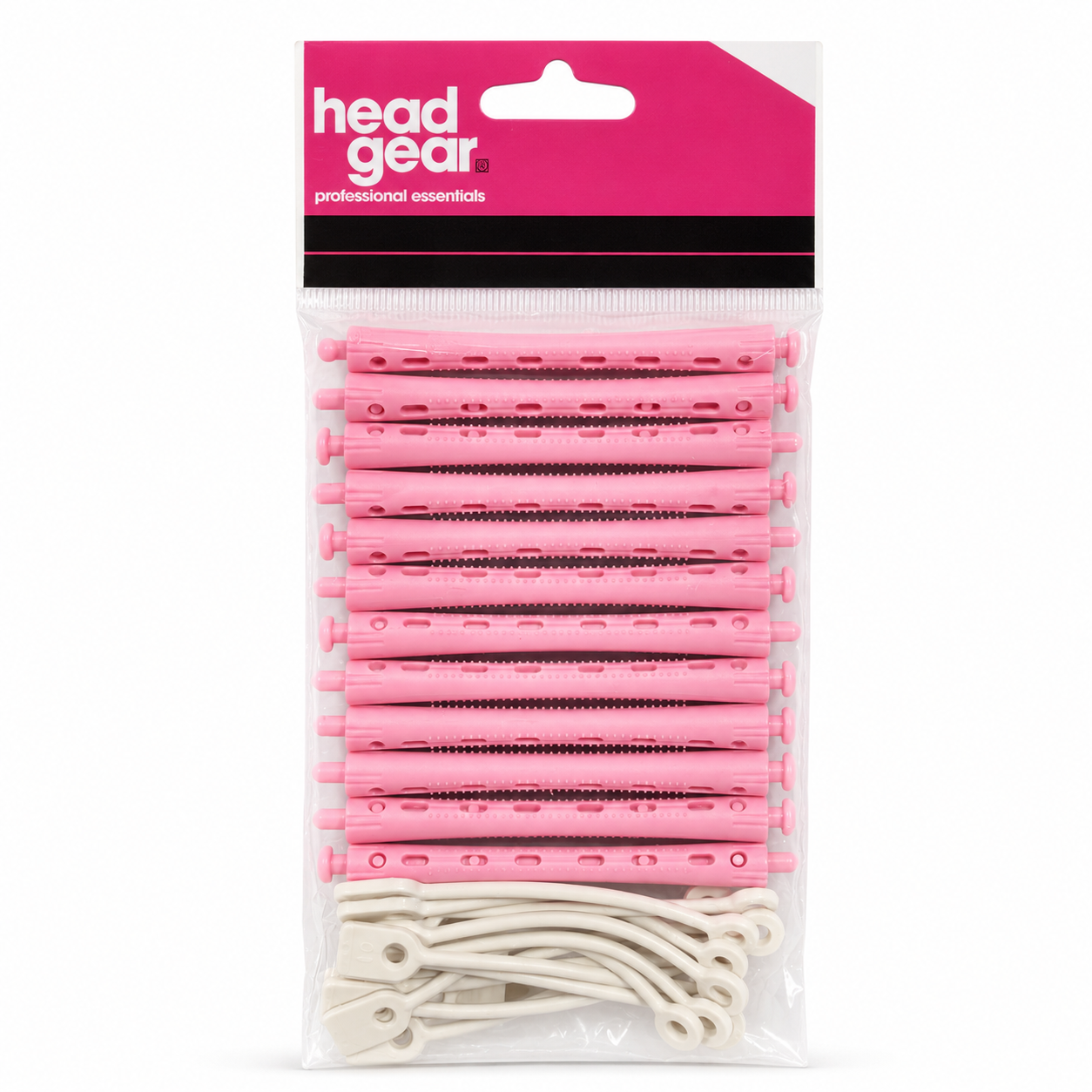 Head Gear Professional Essentials perm rollers in pink with elastic bands, designed for professional perming and curl creation. The perforated barrel provides excellent airflow for even processing and drying, helping to deliver defined curls, volume and long-lasting results.
