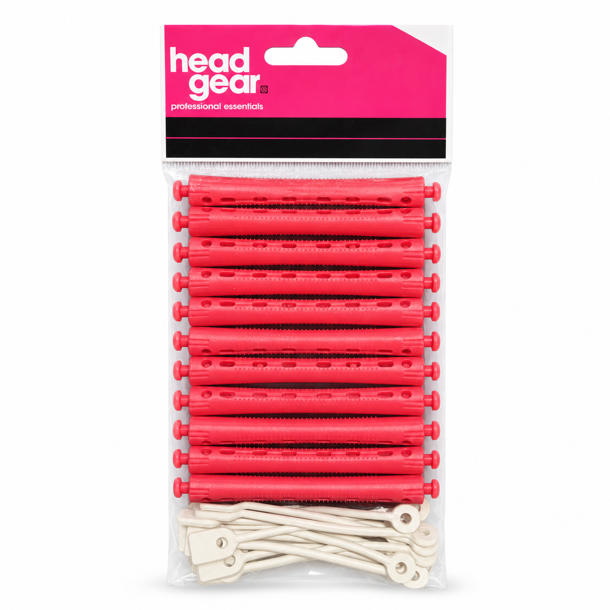 Head Gear Professional Essentials perm rollers in red, supplied with elastic bands for secure and reliable wrapping. Featuring a vented construction for consistent solution distribution and airflow, these rollers are ideal for creating uniform curls, body and salon-quality styling results.
