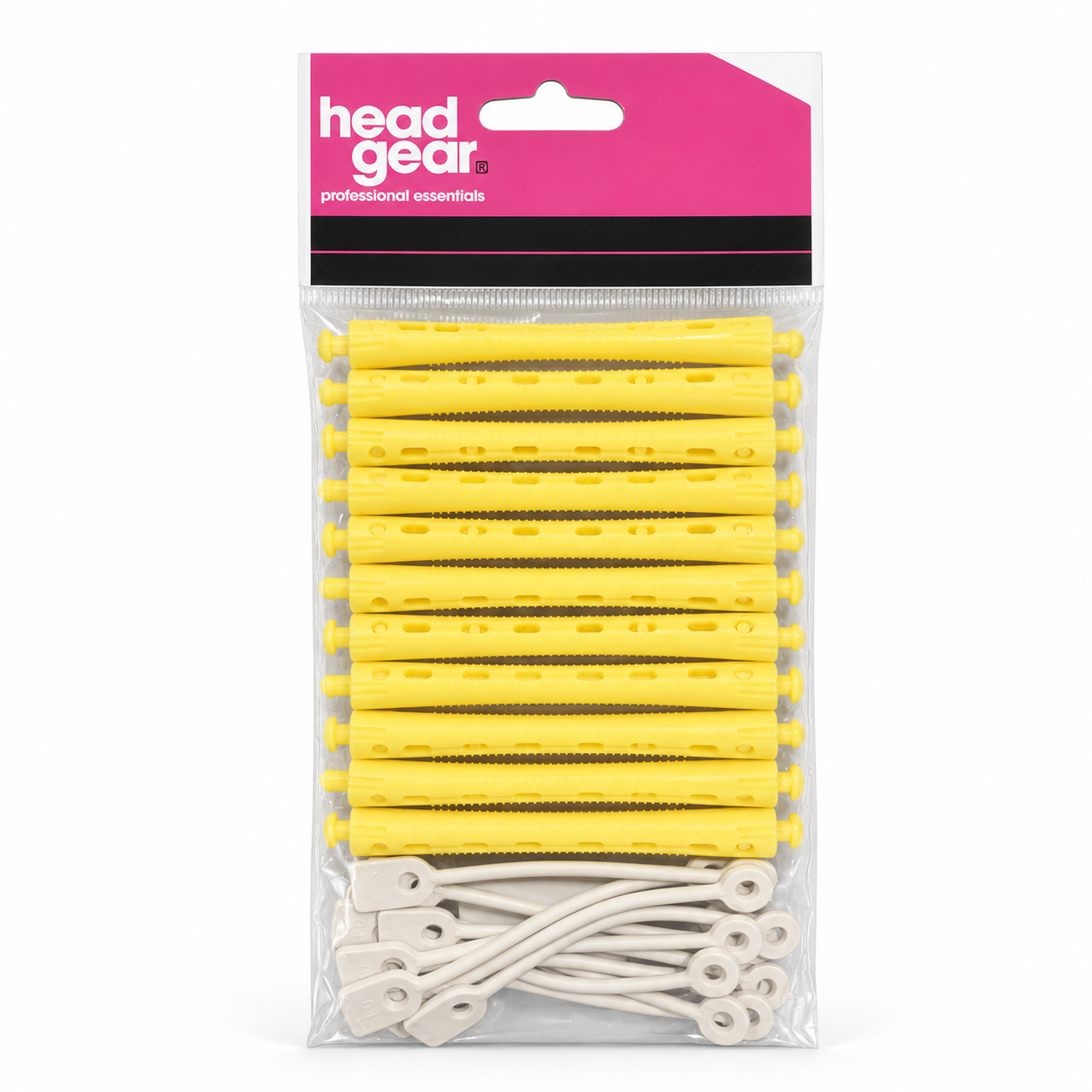 Head Gear Professional Essentials perm rollers in yellow with matching elastic bands, suitable for professional salon use or home styling. The lightweight vented design encourages even airflow and processing, making it easy to create defined curls, natural movement and lasting volume.
