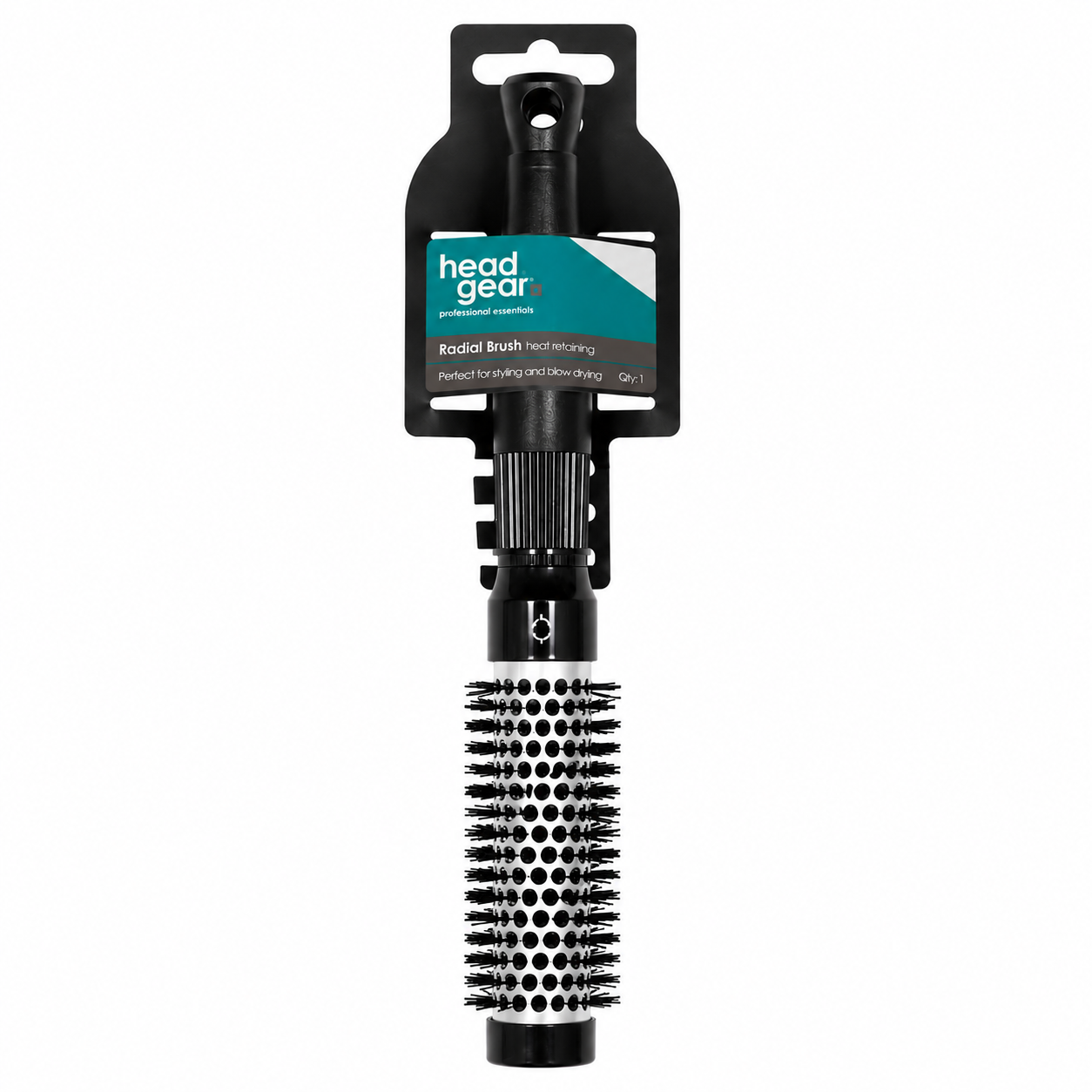 Head Gear Professional Essentials Heat Retaining Radial Brush 13 (25 mm) featuring a vented aluminium barrel with heat-retaining design, black nylon bristles, and an ergonomic handle, ideal for blow-drying, adding volume, smoothing hair, and creating curls or soft waves.