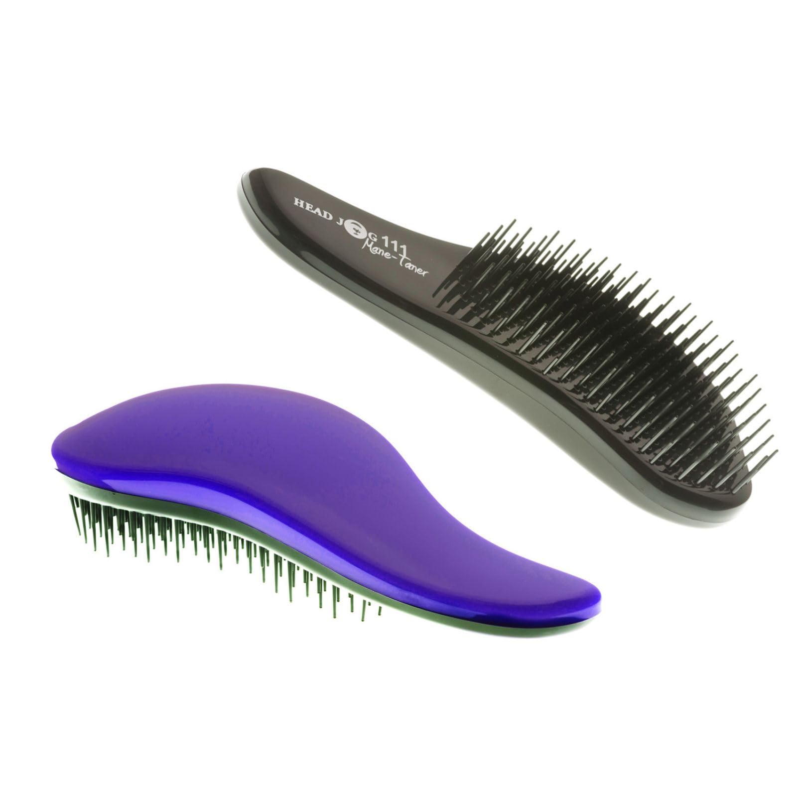 Head Jog 111 Mane-Tamer Professional Detangle Brush in Purple featuring flexible detangling bristles and ergonomic curved design