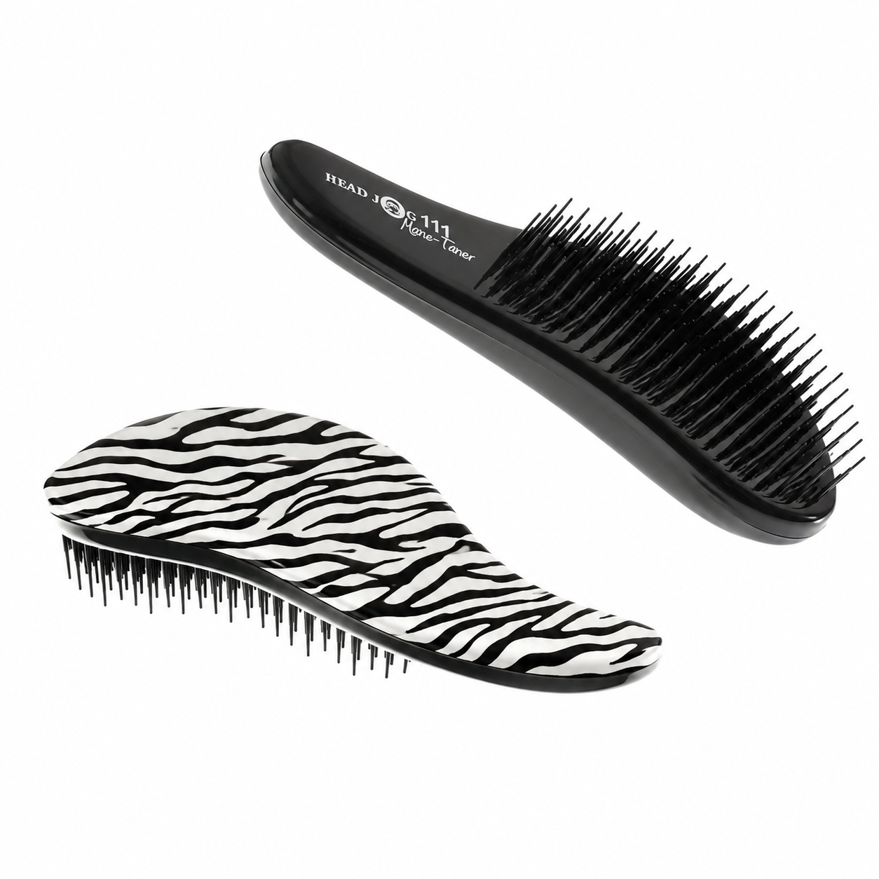 Head Jog 111 Mane-Tamer Professional Detangle Brush in Zebra print with flexible detangling bristles and ergonomic handle-free design