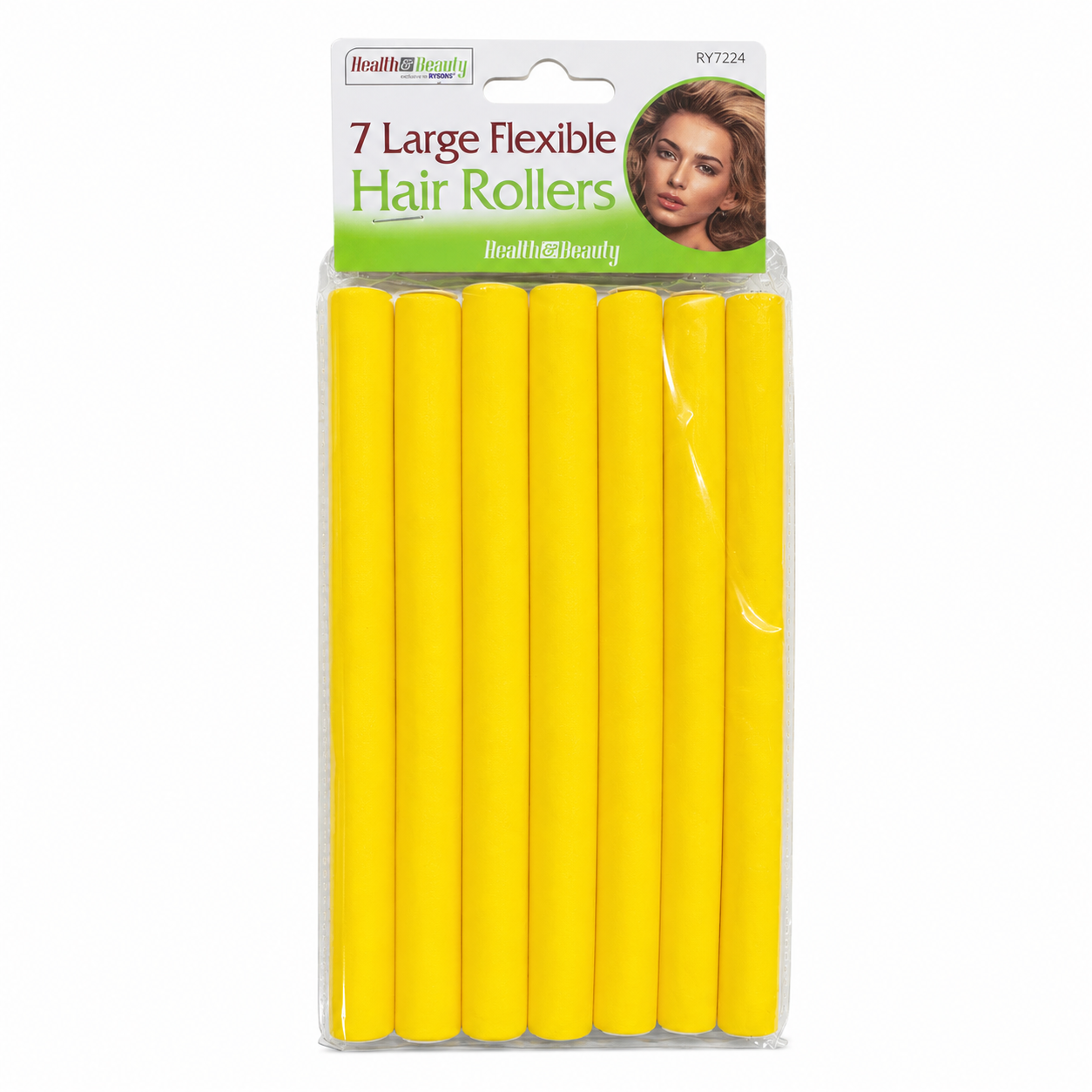 Health & Beauty 7 Large Flexible Hair Rollers in yellow, displayed in a clear retail hanging pack on a white background. Soft foam bendy hair rollers designed to create large, voluminous curls, loose waves and salon-style body without heat, suitable for overnight styling and comfortable use on most hair types.
