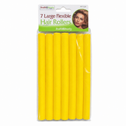 Health & Beauty 7 Large Flexible Hair Rollers in yellow, displayed in a clear retail hanging pack on a white background. Soft foam bendy hair rollers designed to create large, voluminous curls, loose waves and salon-style body without heat, suitable for overnight styling and comfortable use on most hair types.

