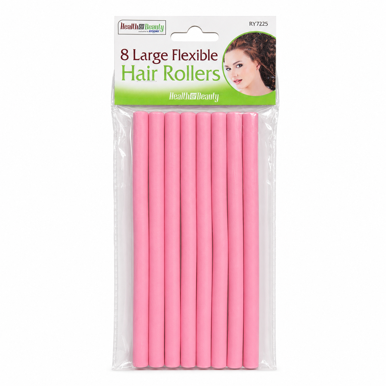 Health & Beauty 8 Large Flexible Hair Rollers in pink, displayed in a clear retail hanging pack on a white background. Soft foam bendy hair rollers designed to create large, bouncy curls, loose waves and added volume without heat, suitable for overnight styling and comfortable use on most hair types.