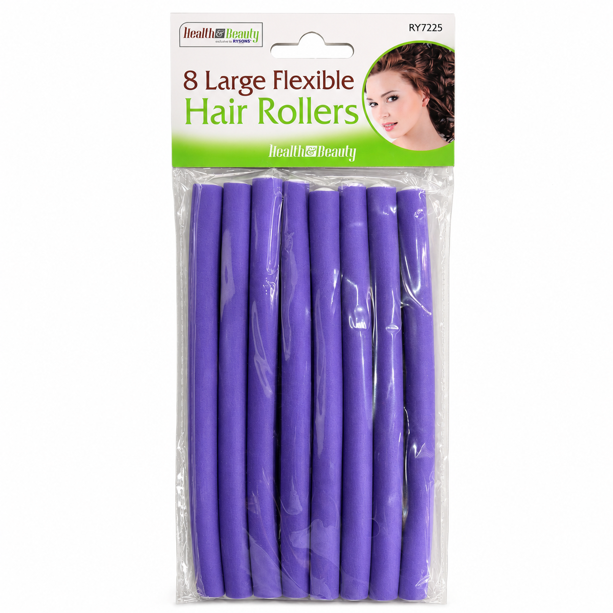 Health & Beauty 8 Large Flexible Hair Rollers in purple, displayed in a clear retail hanging pack on a white background. Soft foam bendy hair rollers designed to create large, bouncy curls, loose waves and added volume without heat, suitable for overnight styling and comfortable use on most hair types.
