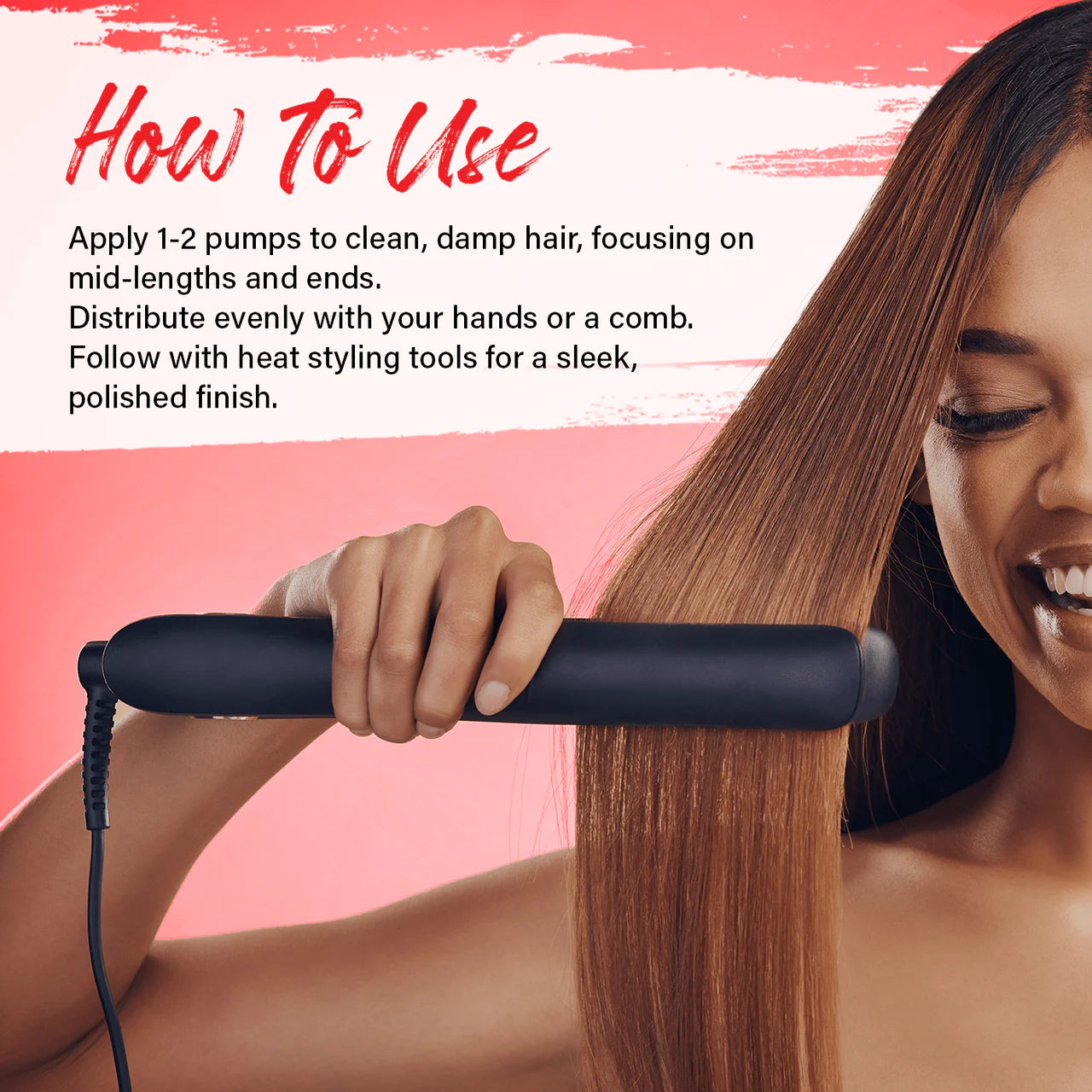 Smoothing heat protectant thermal serum onto hair strands before flat ironing.