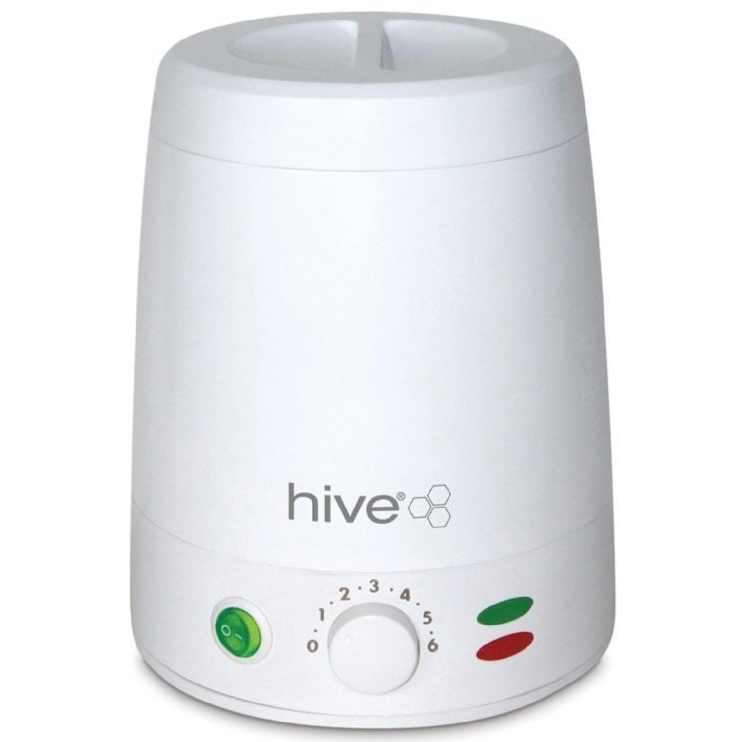 Hive Neös 500cc Wax Heater in a white compact design with adjustable temperature control dial, removable 500cc wax pot and power indicator lights, displayed on a clean white background. Professional electric wax warmer for salon and home hair removal treatments.