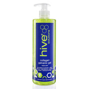 Hive Solutions Collagen Galvanic Gel 500ml in a clear pump bottle with green gel and a blue label, displayed on a clean white background. Professional collagen galvanic gel formulated for mature skin to enhance conductivity during galvanic facial treatments while helping skin feel hydrated and conditioned.
