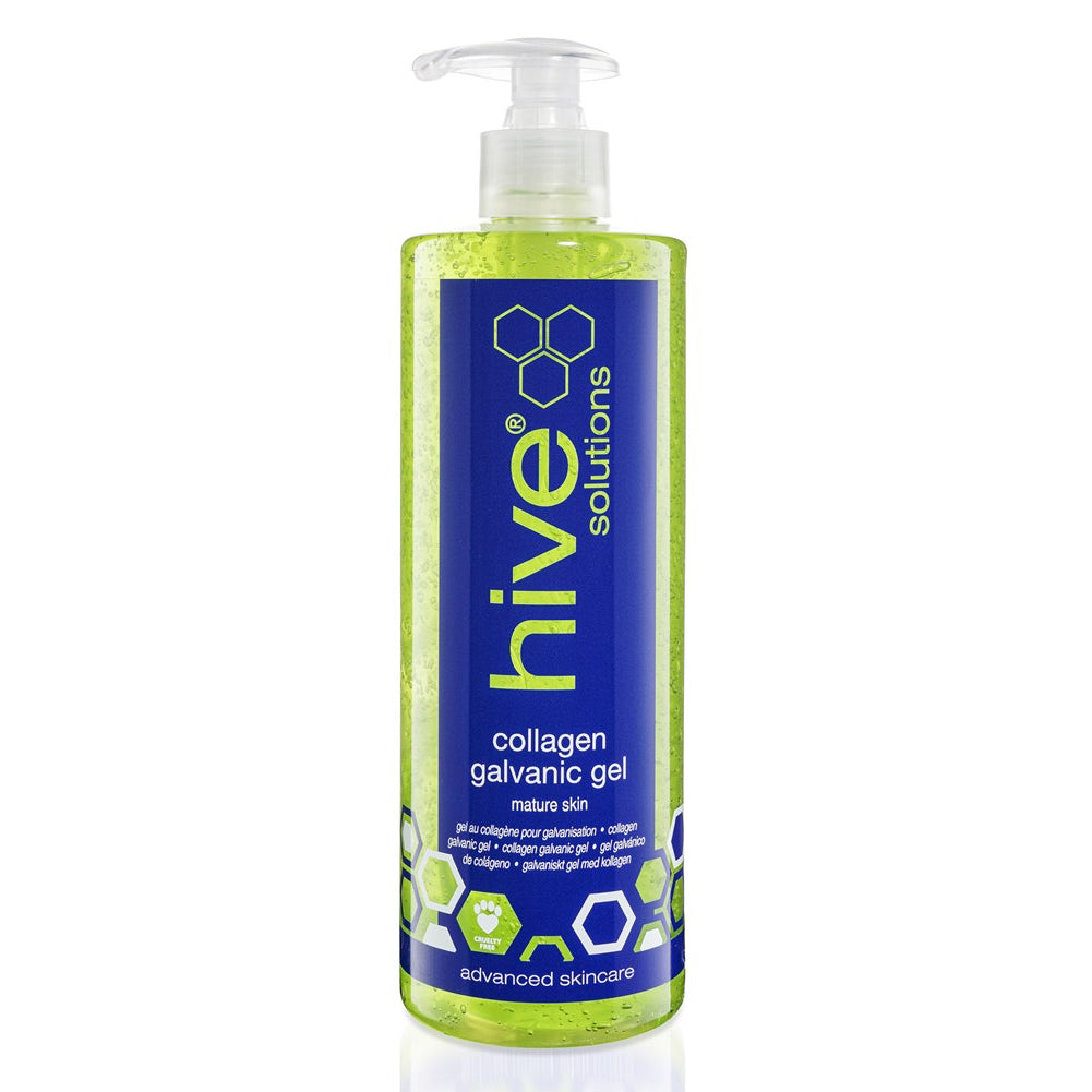 Hive Solutions Collagen Galvanic Gel 500ml in a clear pump bottle with green gel and a blue label, displayed on a clean white background. Professional collagen galvanic gel formulated for mature skin to enhance conductivity during galvanic facial treatments while helping skin feel hydrated and conditioned.
