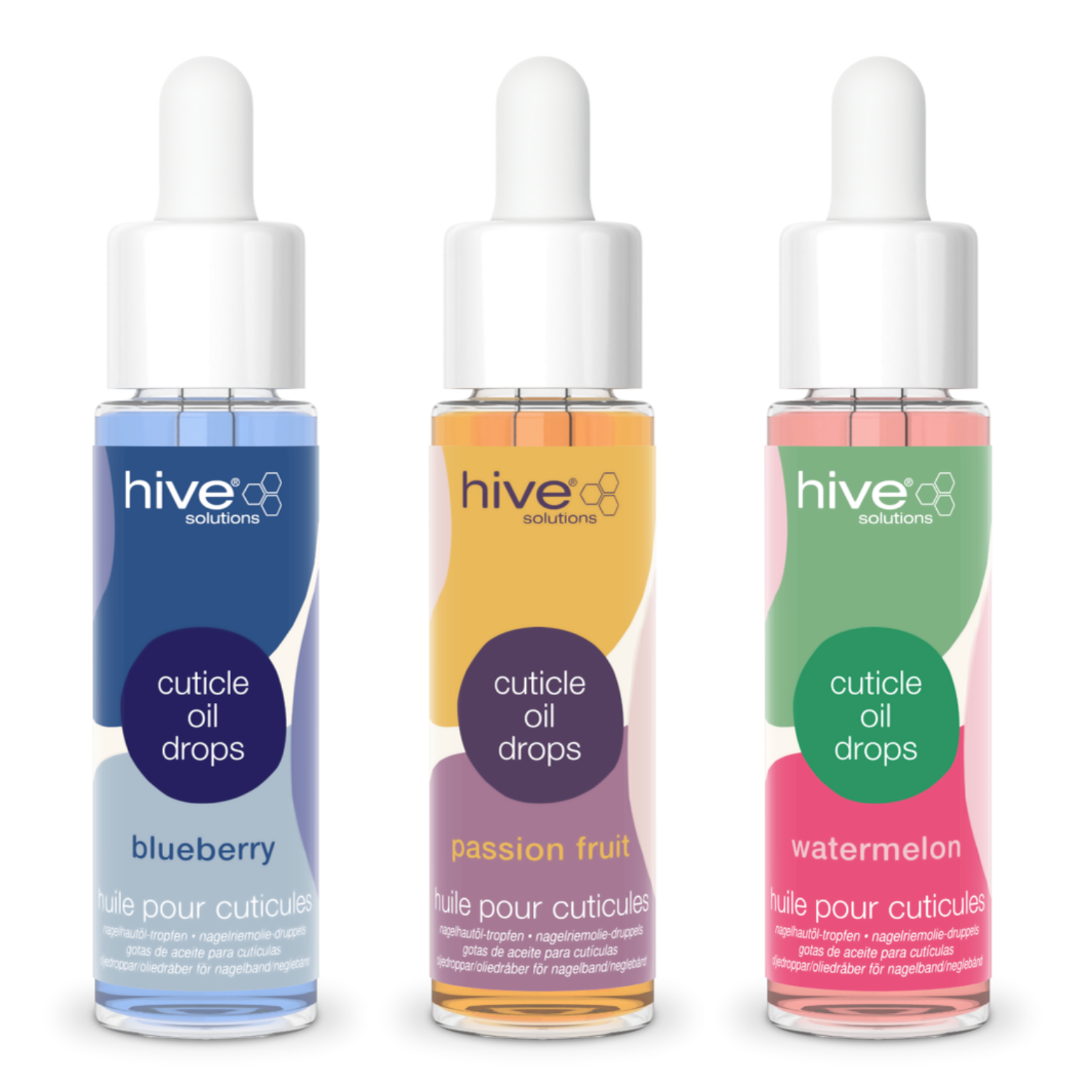 Hive Solutions Cuticle Oil Drops 30ml collection featuring Blueberry, Passion Fruit and Watermelon fragrances, nourishing nail and cuticle oils designed to moisturise dry cuticles, condition nails and support professional manicure aftercare.
