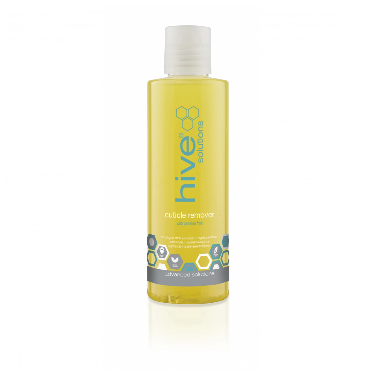 Hive Solutions Cuticle Remover with Passion Fruit 200ml, professional nail cuticle remover to soften and remove excess cuticles for salon manicure and pedicure treatments.
