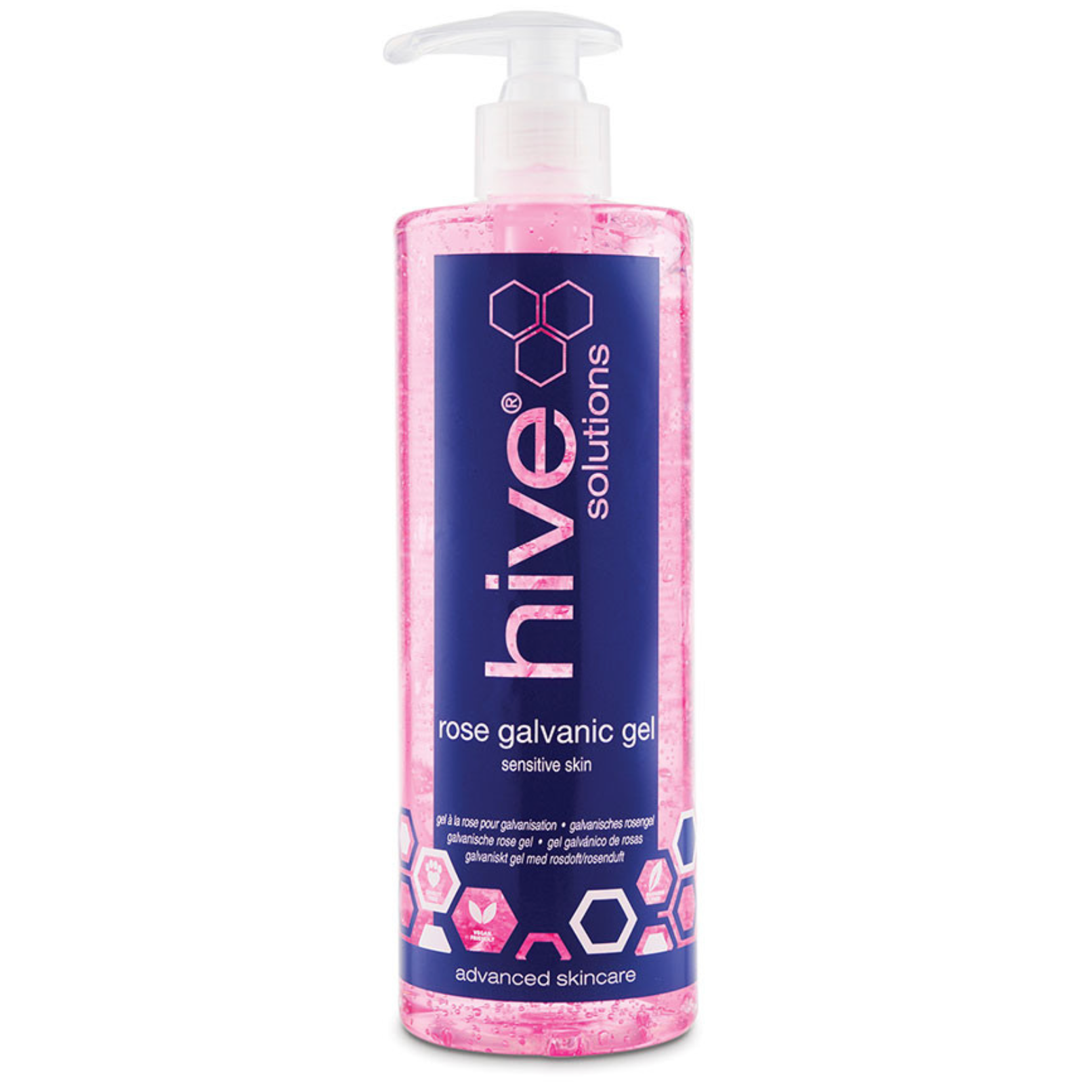 Hive Solutions Rose Galvanic Gel 500ml for sensitive skin, professional conductive facial gel with rose extract for galvanic treatments to soothe and hydrate skin.
