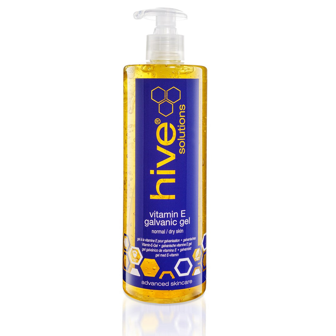 Hive Solutions Vitamin E Galvanic Gel 500ml for normal and dry skin, professional galvanic facial treatment gel enriched with vitamin E to nourish and hydrate.
