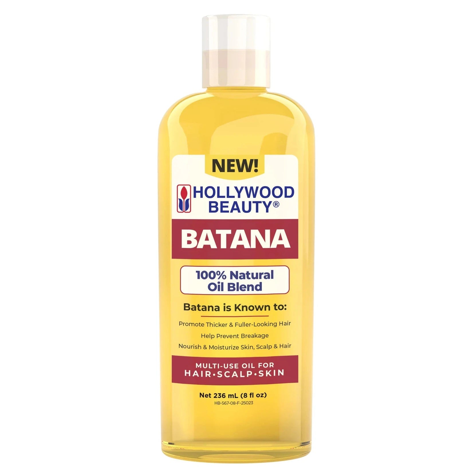 Hollywood Beauty Batana 100% Natural Oil Blend 236ml, a multi-use moisturising oil for thicker, fuller-looking hair that helps prevent breakage and nourishes the hair, scalp and skin