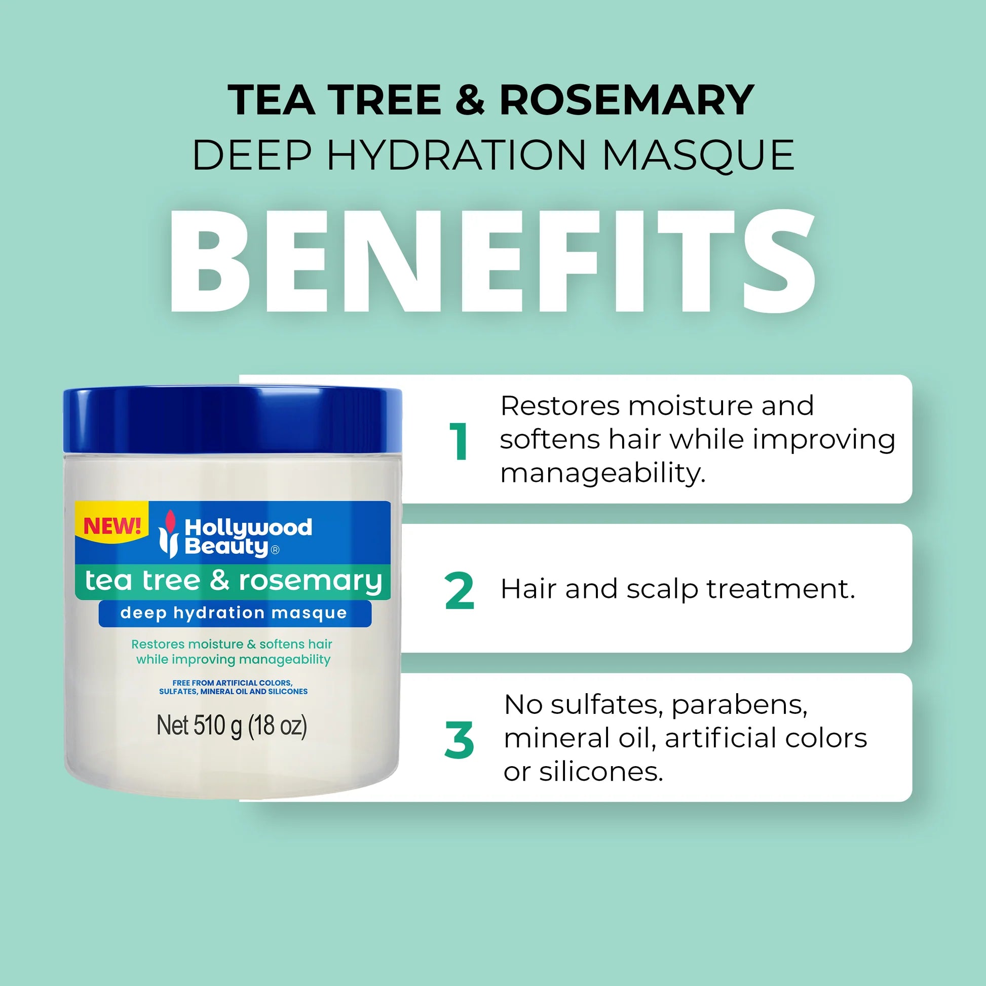 Hollywood Beauty Tea Tree & Rosemary Deep Hydration Hair Masque 18oz benefits for hair and scalp