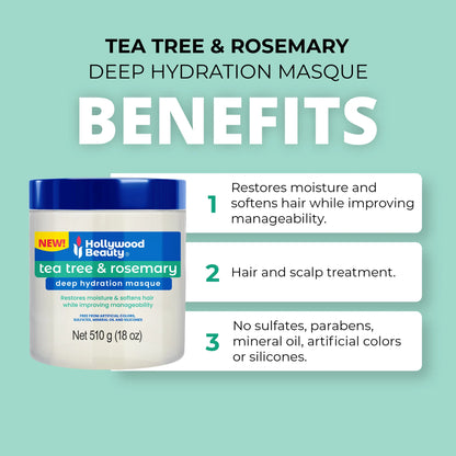 Hollywood Beauty Tea Tree &amp; Rosemary Deep Hydration Hair Masque 18oz benefits for hair and scalp