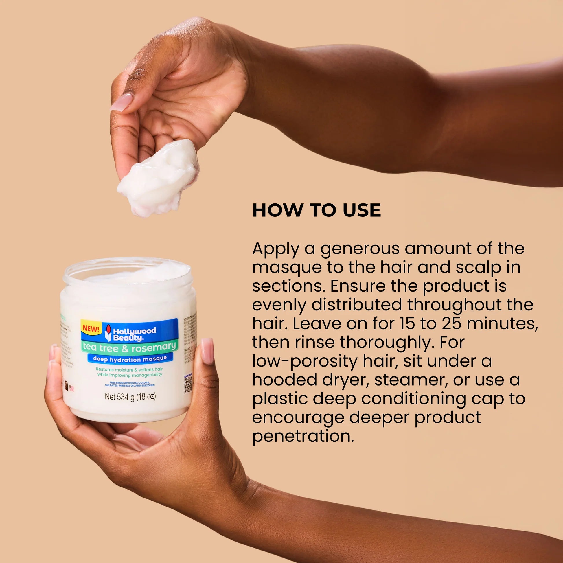 Hollywood Beauty Tea Tree & Rosemary Deep Hydration Hair Masque 18oz how to use 