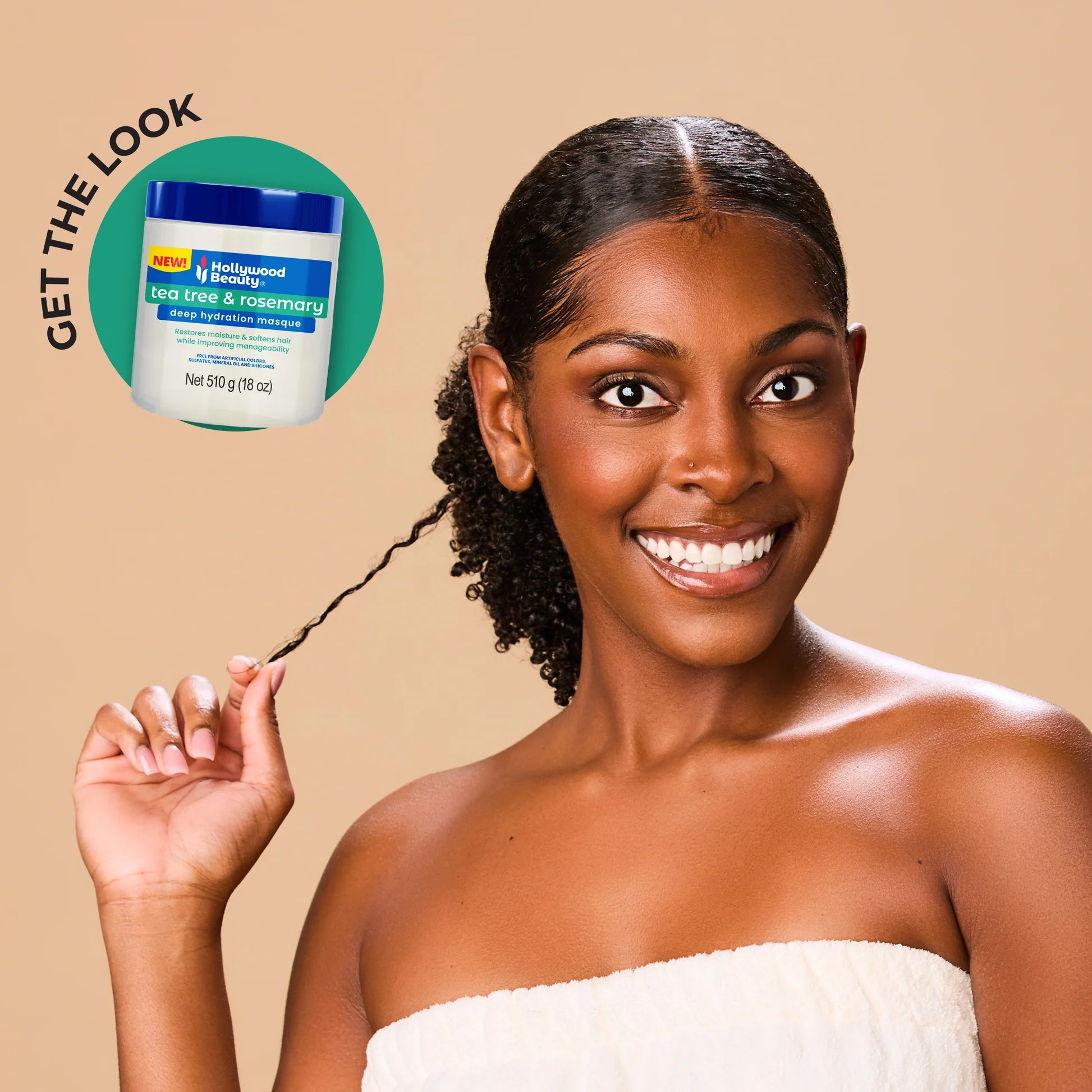 Hollywood Beauty Tea Tree & Rosemary Deep Hydration Hair Masque 18oz with black model pulling a hair strand