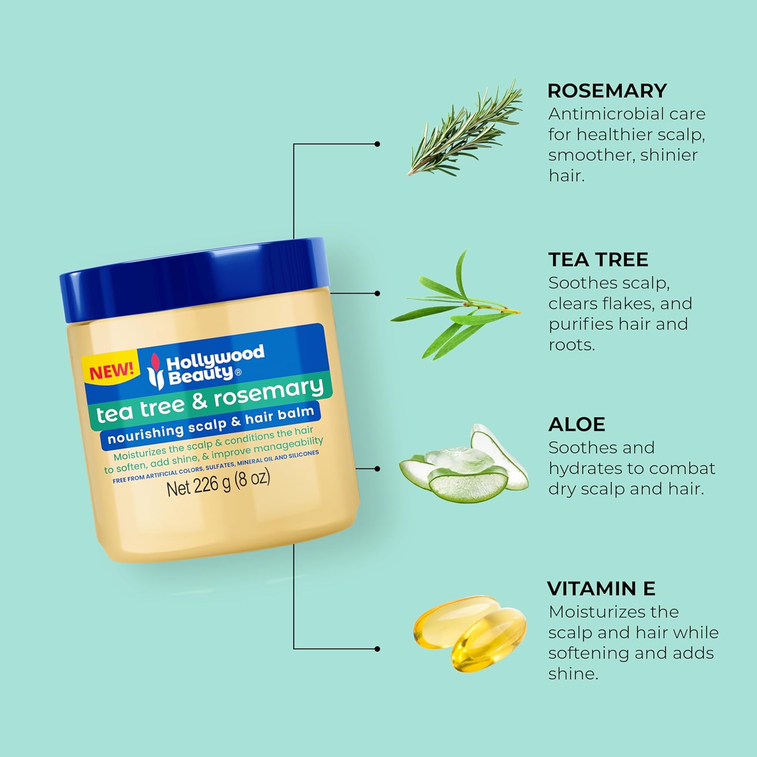 Hollywood Beauty Tea Tree & Rosemary Nourishing Scalp & Hair Balm 8oz key Ingredients and benefits with explanation 