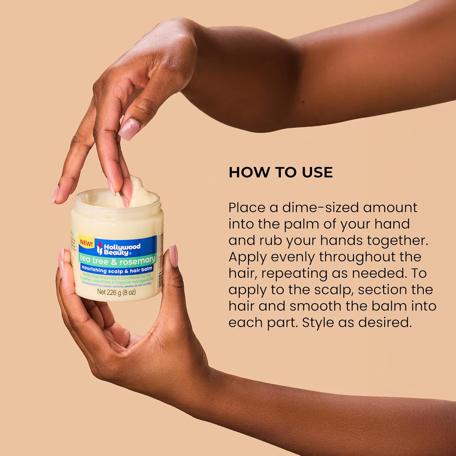 Hollywood Beauty Tea Tree & Rosemary Nourishing Scalp & Hair Balm 8oz how to use with hand scooping product 