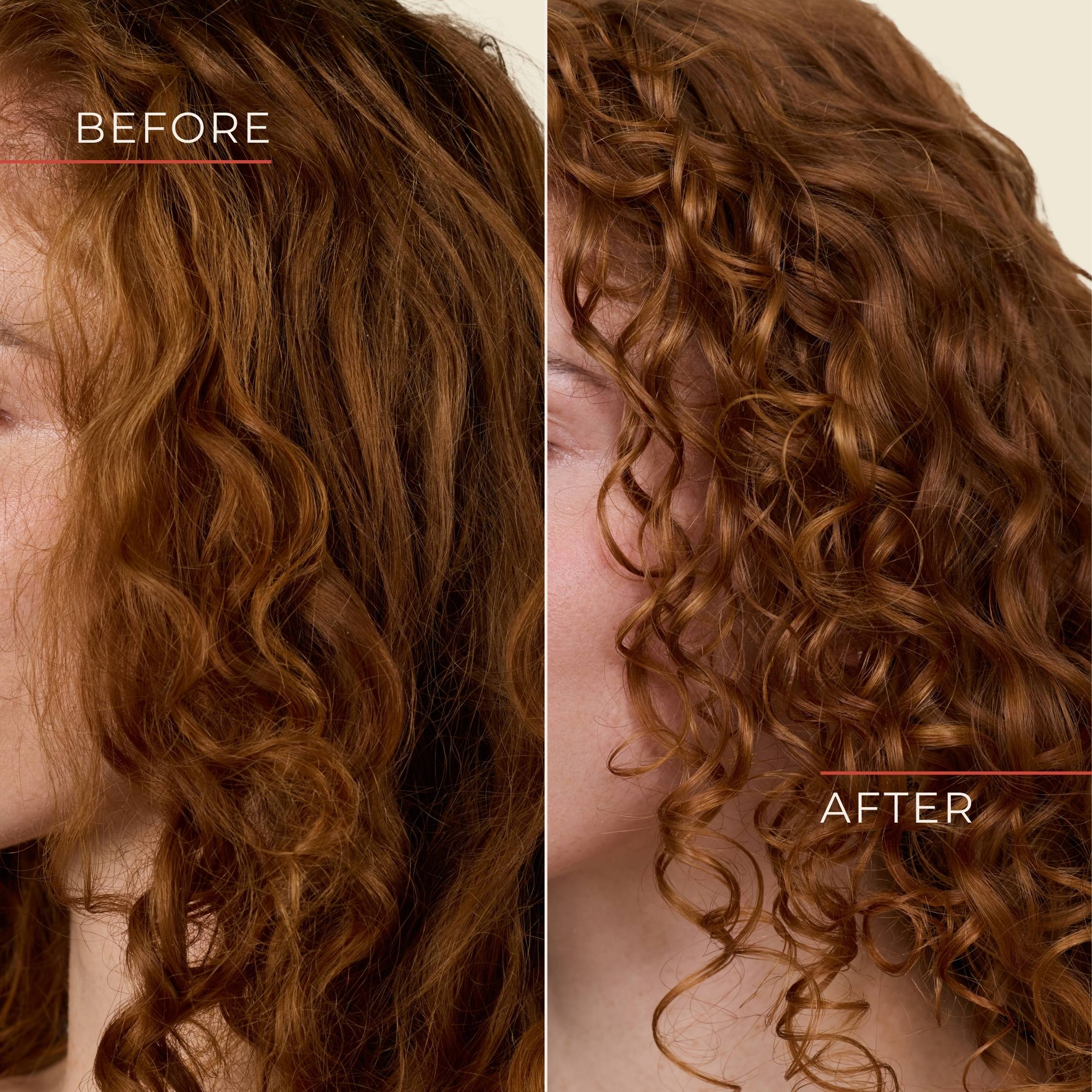 Before and after comparison of curly hair with 'Before' on the left and 'After' on the right. using hydralite weightless collection