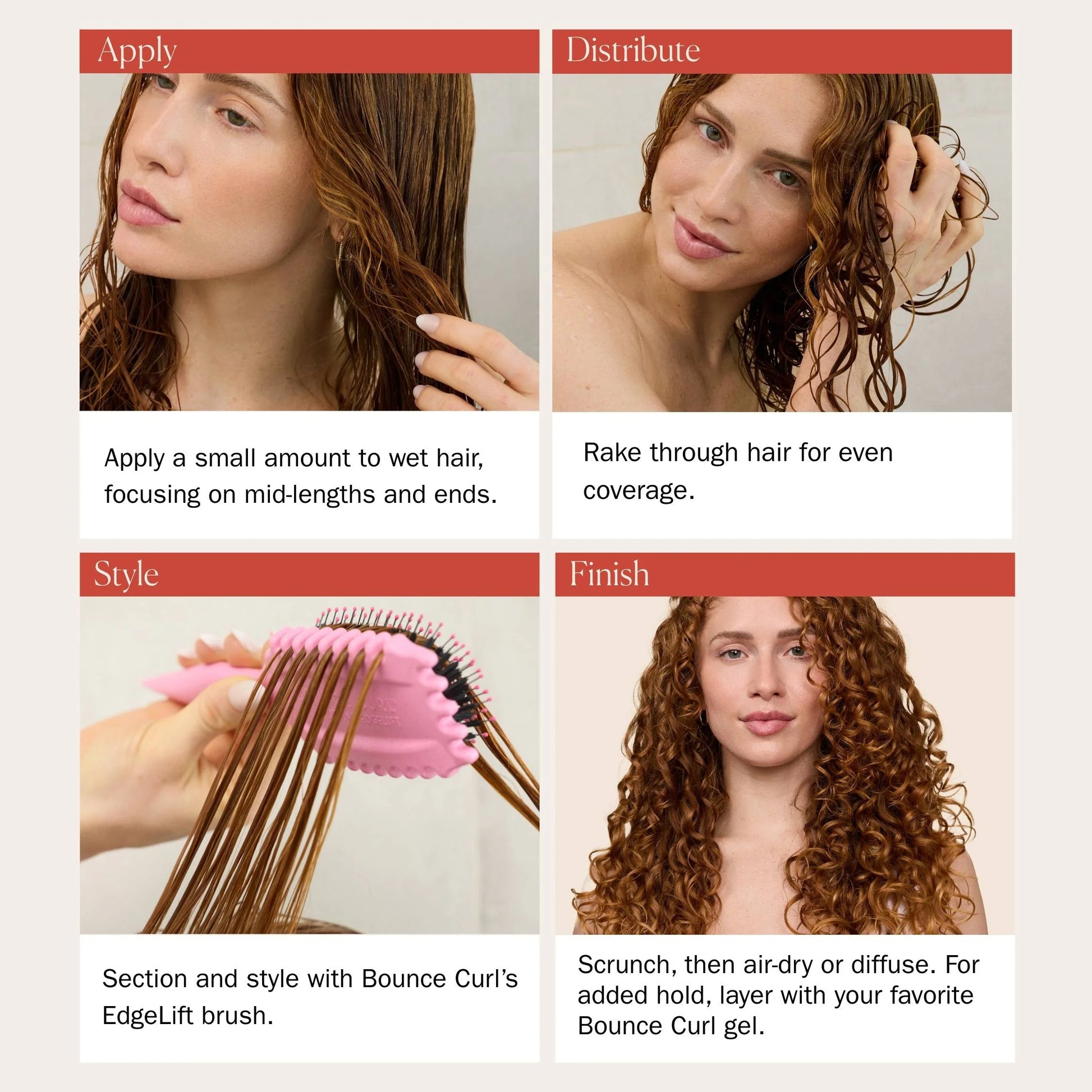 Step-by-step guide on using a hair bounce curl hydra-lite styling cream with images of a woman applying and styling her hair.