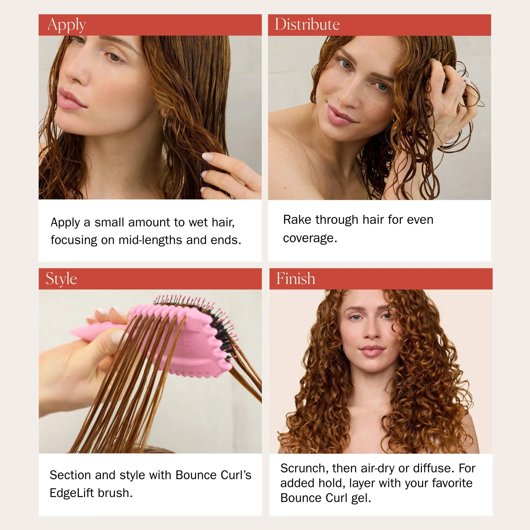 Step-by-step guide on using a hair bounce curl hydra-lite styling cream with images of a woman applying and styling her hair.