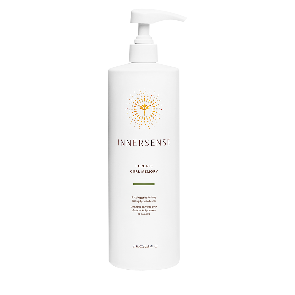A bottle of Innersense I Create Curl Memory hair styling gelee with a pump dispenser.