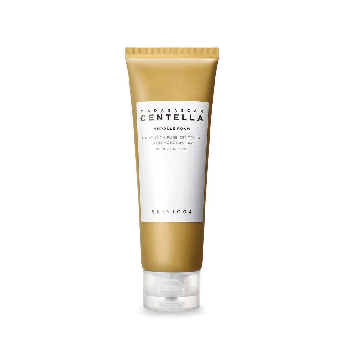 Skincare tube with gold and white design on a white background