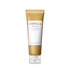 Skincare tube with gold and white design on a white background