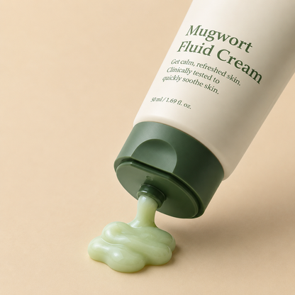 a green tube of Mugwort Fluid Cream lies on a beige background, with light green cream oozing out. the text describes its calming, soothing benefits.