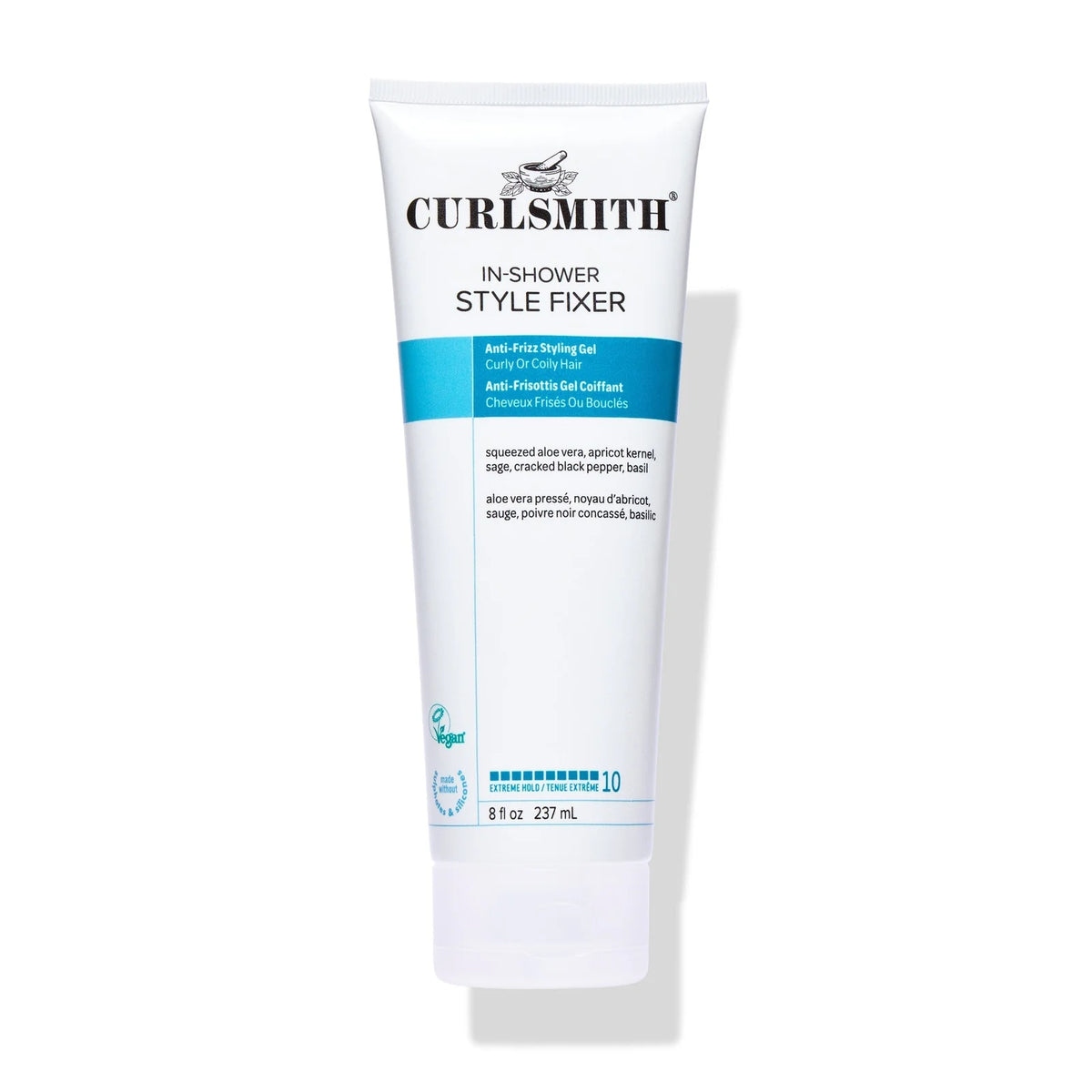 A white squeeze tube of Curlsmith In-Shower Style Fixer hair product, featuring blue and black text, set against a plain white background with a soft shadow.