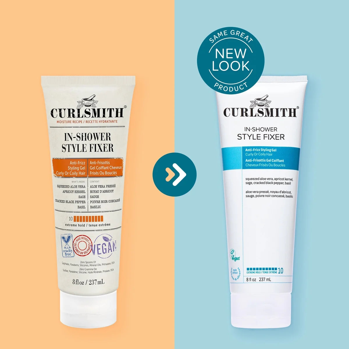 Two versions of Curlsmith In-Shower Style Fixer on a split background with a 'Same Great Product' badge.