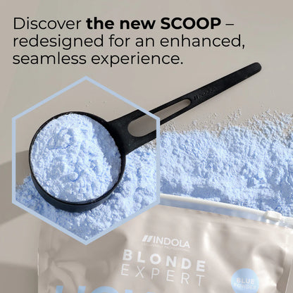 Indola Blonde Expert Lightener Up to 9+ Levels Of Lift Blue Powder zoom in on scoop with powder