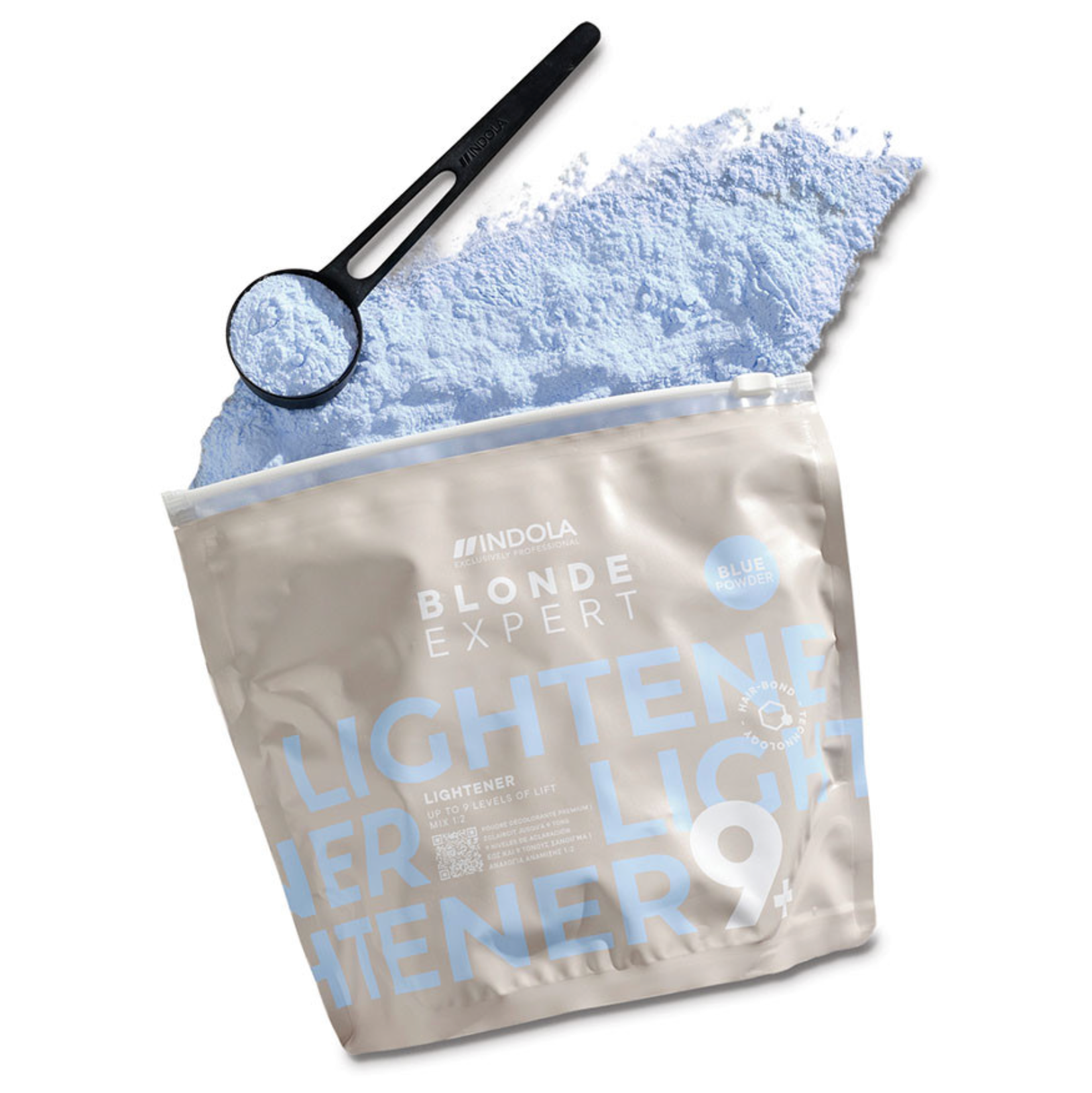 Indola Blonde Expert Lightener Up to 9+ Levels Of Lift Blue Powder open with scoop and powder