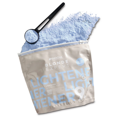 Indola Blonde Expert Lightener Up to 9+ Levels Of Lift Blue Powder open with scoop and powder