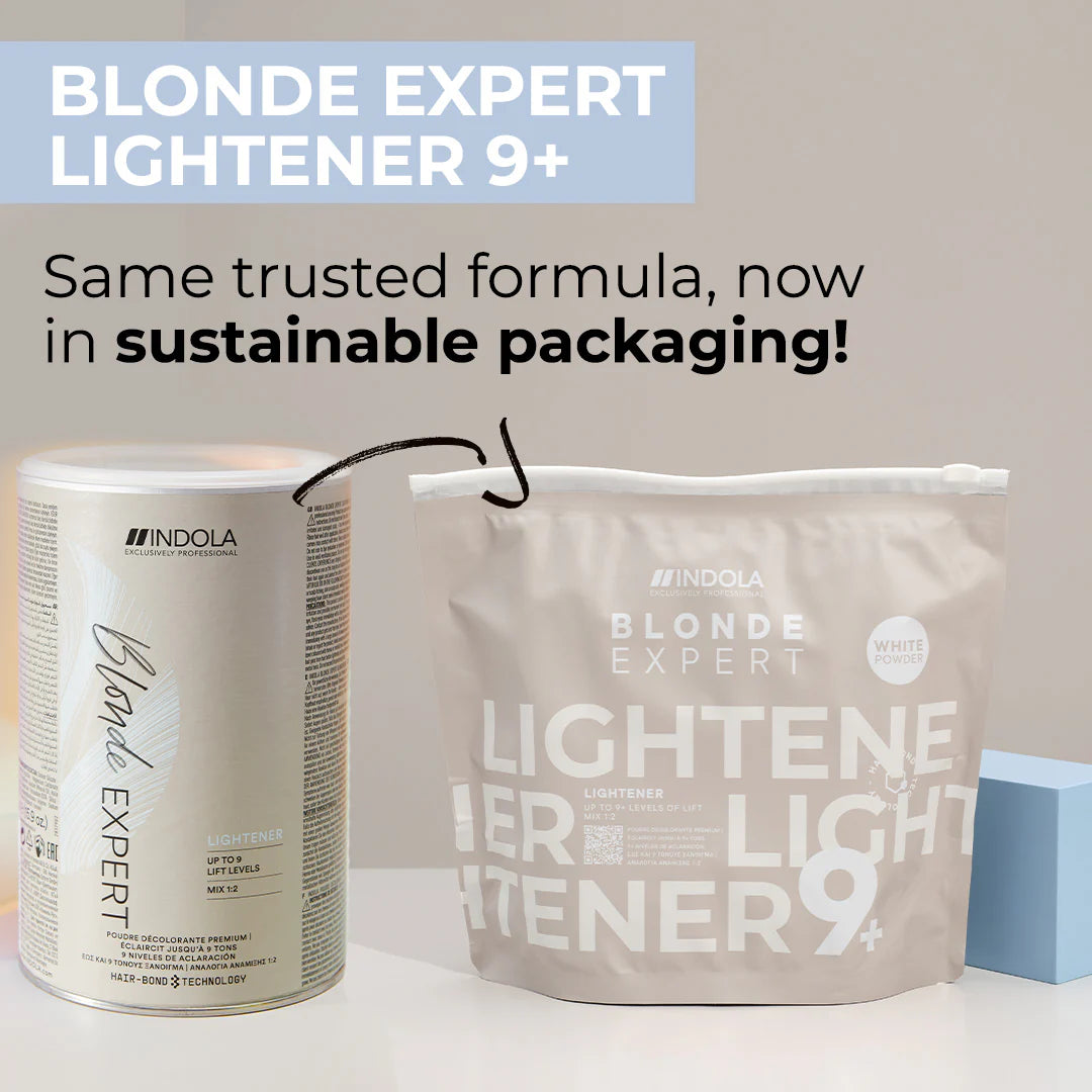 Indola Blonde Expert Lightener Up to 9+ Levels Of Lift White Powder 450g old and new packaging. same formula