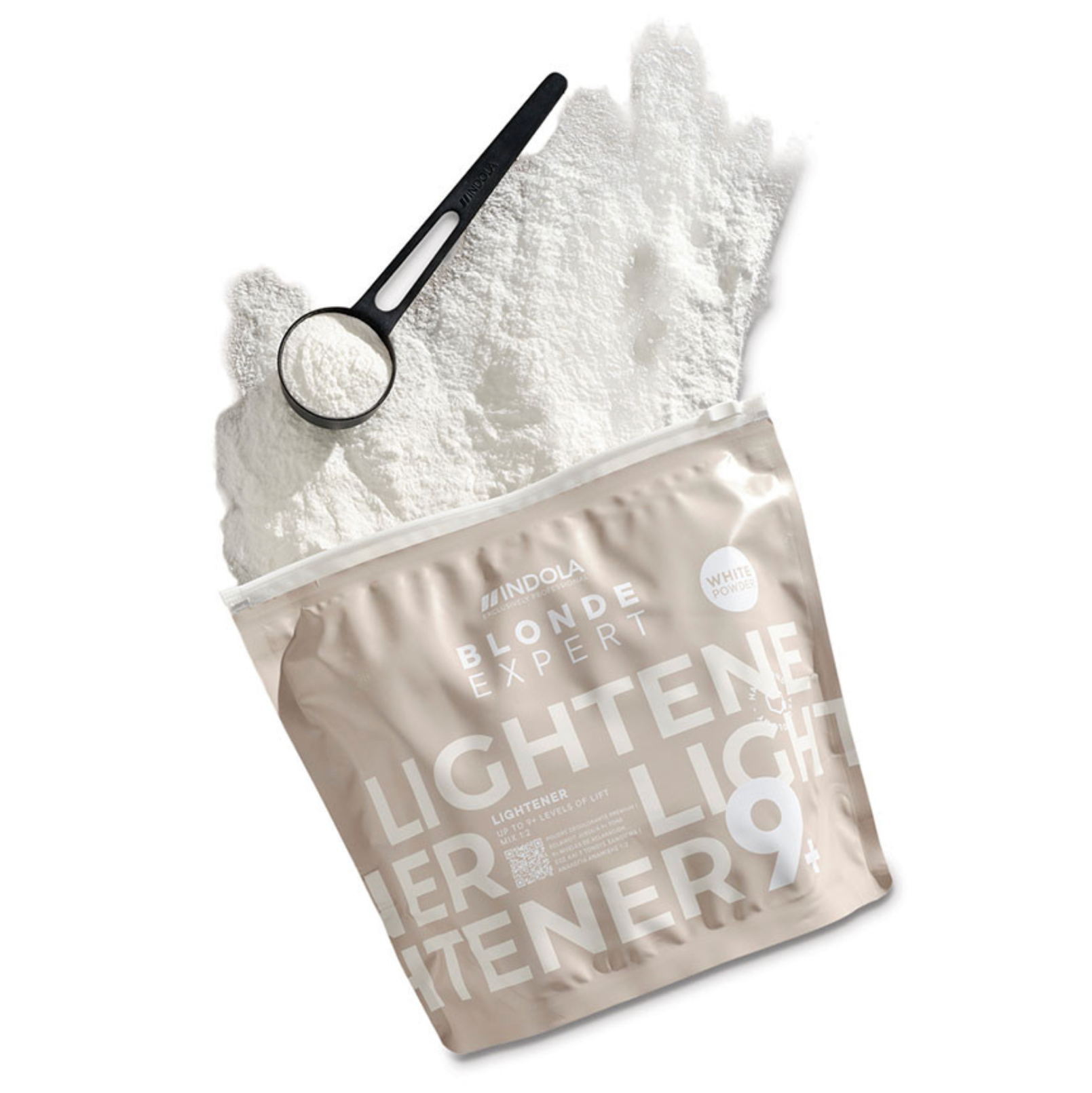 Indola Blonde Expert Lightener Up to 9+ Levels Of Lift White Powder 450g open with scoop