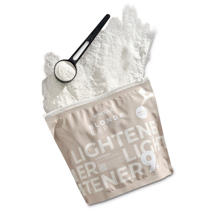 Indola Blonde Expert Lightener Up to 9+ Levels Of Lift White Powder 450g open with scoop