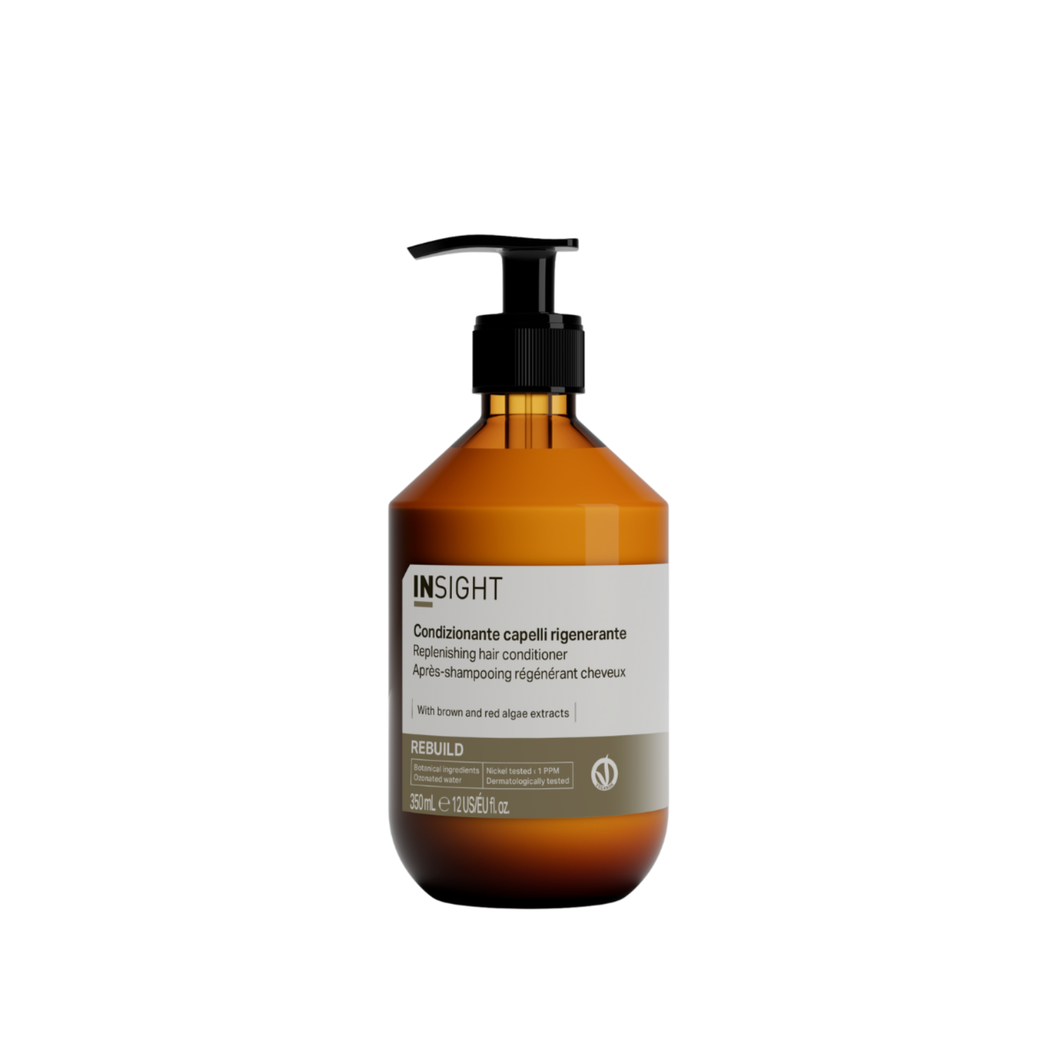 Insight Rebuild Replenishing Hair Conditioner 350ml amber pump bottle with brown and red algae extracts for damaged and chemically treated hair
