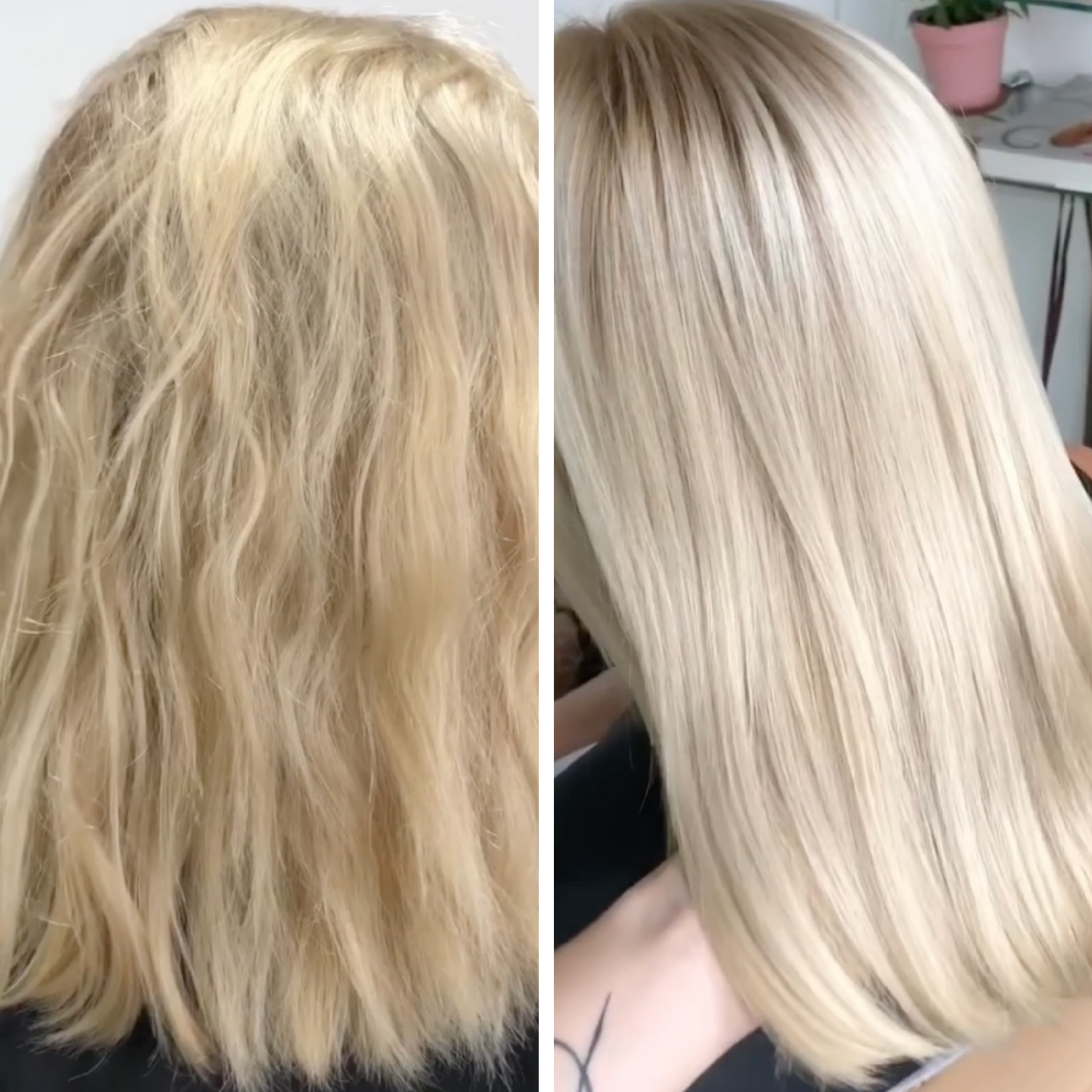 Before-and-after comparison of dry bleached blonde hair looking smoother, straighter and shinier following a replenishing hair treatment
