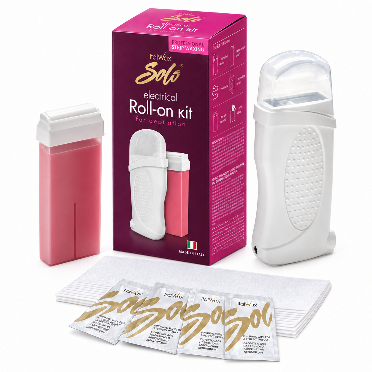 Italwax Solo Electrical Roll-On Home Waxing Kit with roll-on wax cartridge, electric wax heater, waxing strips and finishing wipes for at-home strip waxing and hair removal displayed on a clean white background