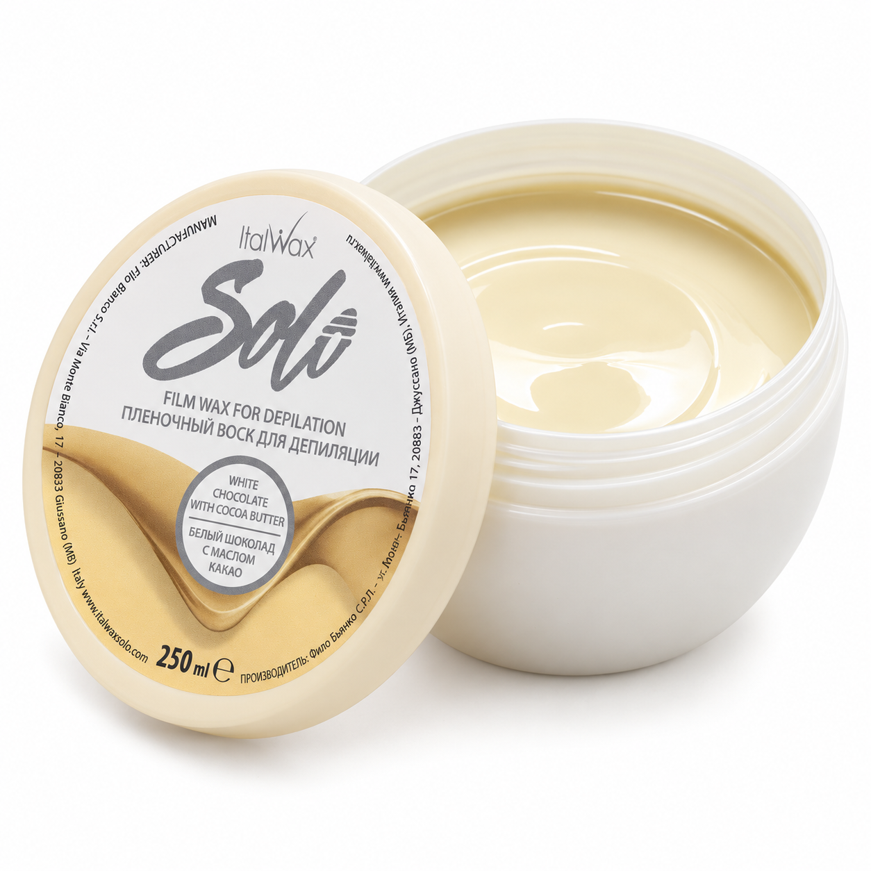 Italwax Solo Microwaveable Film Wax Depilation Kit White Chocolate 250ml with cocoa butter, showing the creamy stripless film wax inside the pot.