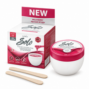 Italwax Solo Microwaveable Film Wax Depilation Kit Wild Berry 250ml, featuring the film wax pot, retail box and wooden spatulas for at-home depilation.