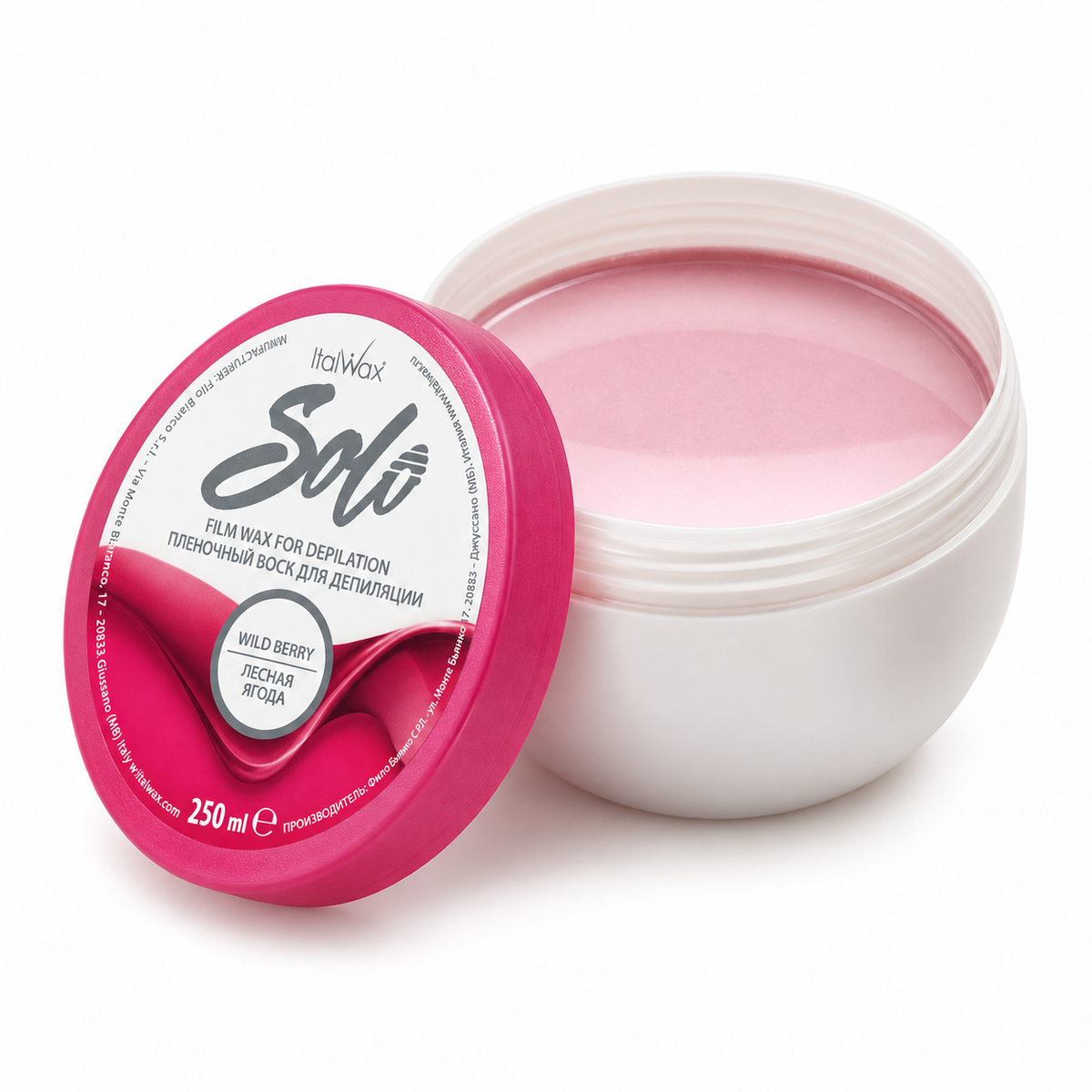 Italwax Solo Microwaveable Film Wax Depilation Kit Wild Berry 250ml, showing the smooth pink stripless film wax inside the open pot.
